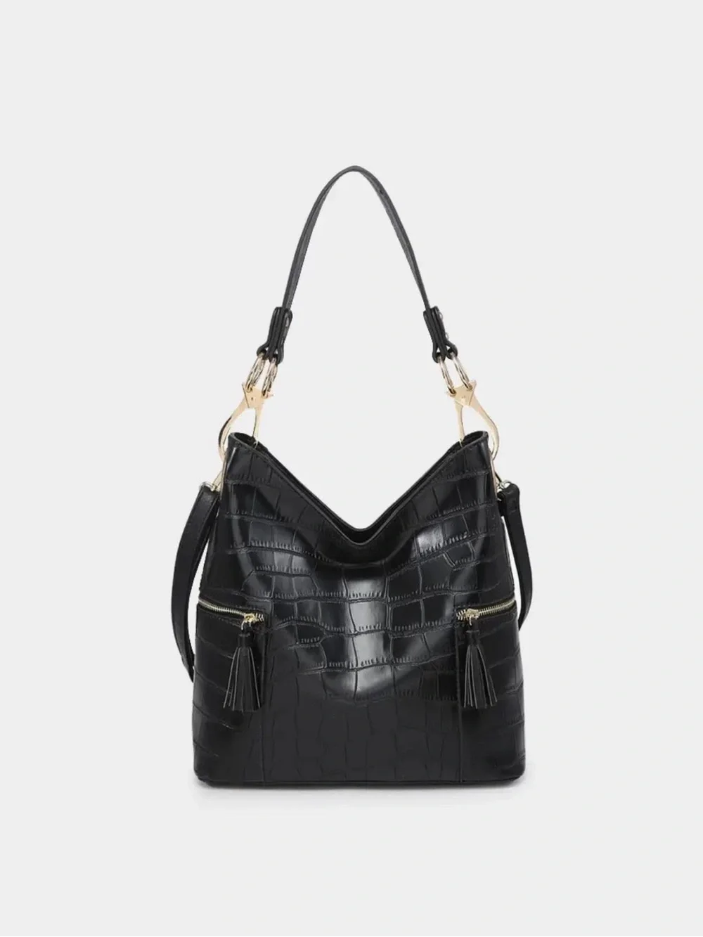 Jen & Co. Black Croc-Embossed Hobo Bag with Tassels